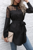 Elegant Patchwork Buckle With Belt O Neck Tops