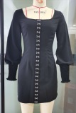 Vintage Solid Buckle Square Collar Pencil Skirt Dresses