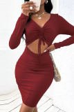 Fashion Street Solid Frenulum Fold V Neck Wrapped Skirt Dresses