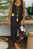 Casual Floral Split Joint Backless Fold V Neck Loose Jumpsuits