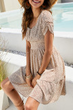 Fashion Street Print Split Joint Square Collar Waist Skirt Dresses