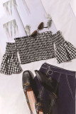 Fashion Casual Plaid Fold Off the Shoulder Tops