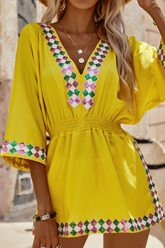 Fashion Street Solid Split Joint Sequins V Neck Waist Skirt Dresses