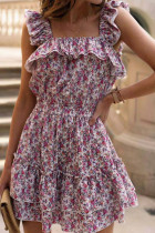 Fashion Street Print Split Joint Square Collar Cake Skirt Dresses