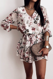 Elegant Floral Frenulum Flounce V Neck A Line Dresses