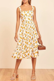 Elegant Print Split Joint Flounce Square Collar A Line Dresses