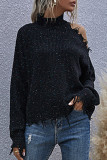 Casual Solid Ripped Turtleneck Tops Sweater