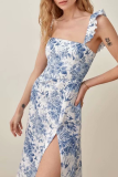 Vintage Elegant Floral Flounce Slit Square Collar A Line Dresses