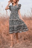 Elegant Floral Split Joint Frenulum Stringy Selvedge V Neck A Line Dresses