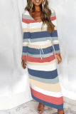 Casual Striped Draw String Pocket V Neck Dresses