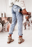 Street Solid Ripped Hollowed Out Regular Denim Jeans
