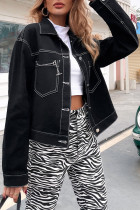 Fashion Street Solid Split Joint Turndown Collar Long Sleeve Loose Denim