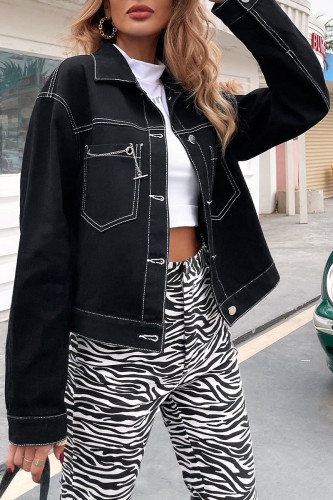 Fashion Street Solid Split Joint Turndown Collar Long Sleeve Loose Denim