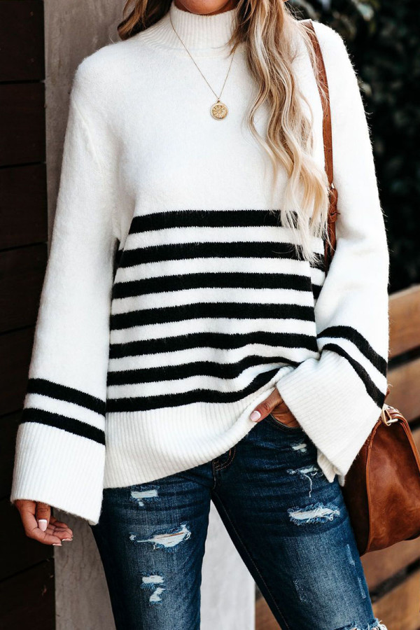 Fashion Street Striped Split Joint Half A Turtleneck Tops