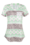 Casual Street Print Leopard Pocket V Neck T-Shirts