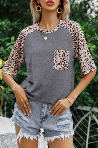 Fashion Casual Leopard Split Joint O Neck T-Shirts