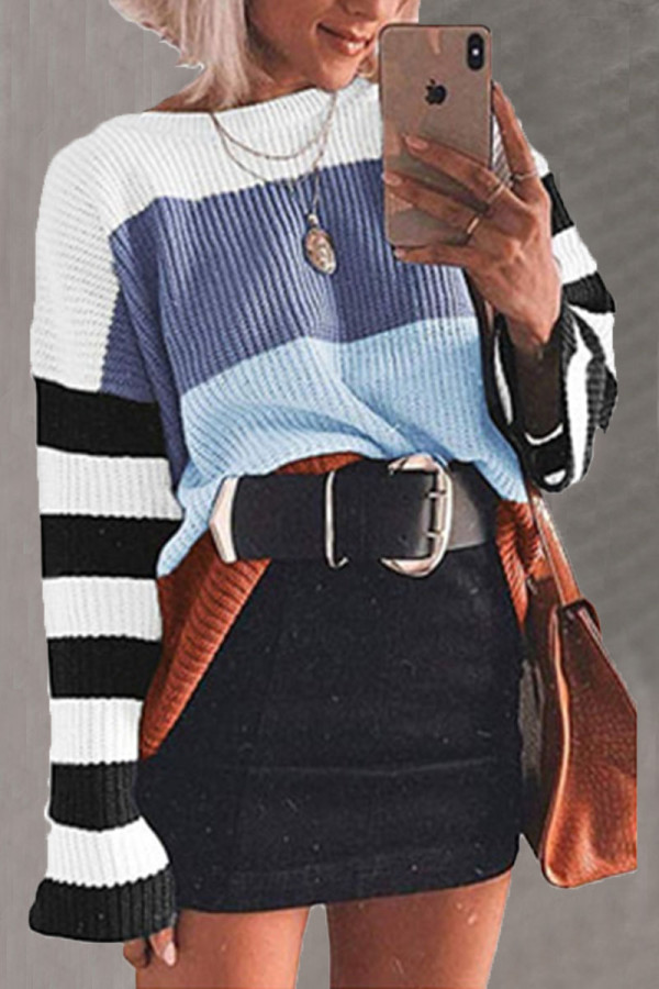 Fashion Casual Striped Split Joint O Neck Tops