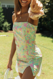 Sweet Print Slit Strapless Wrapped Skirt Dresses