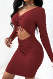 Fashion Street Solid Frenulum Fold V Neck Wrapped Skirt Dresses
