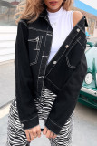 Fashion Street Solid Split Joint Turndown Collar Long Sleeve Loose Denim