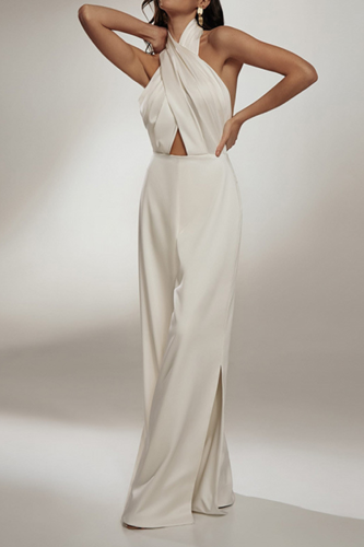 Fashion Elegant Solid Split Joint Backless Halter Jumpsuits
