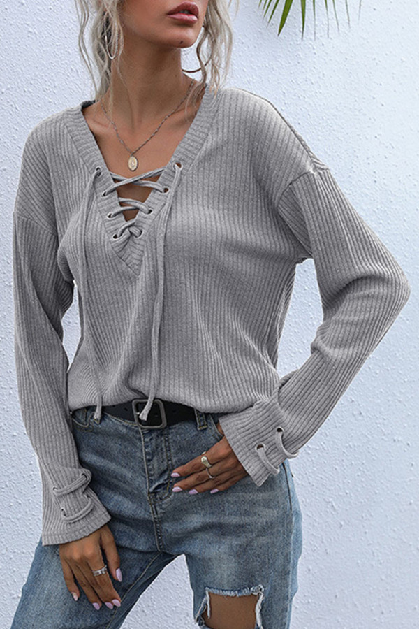 Fashion Street Solid Split Joint V Neck Tops