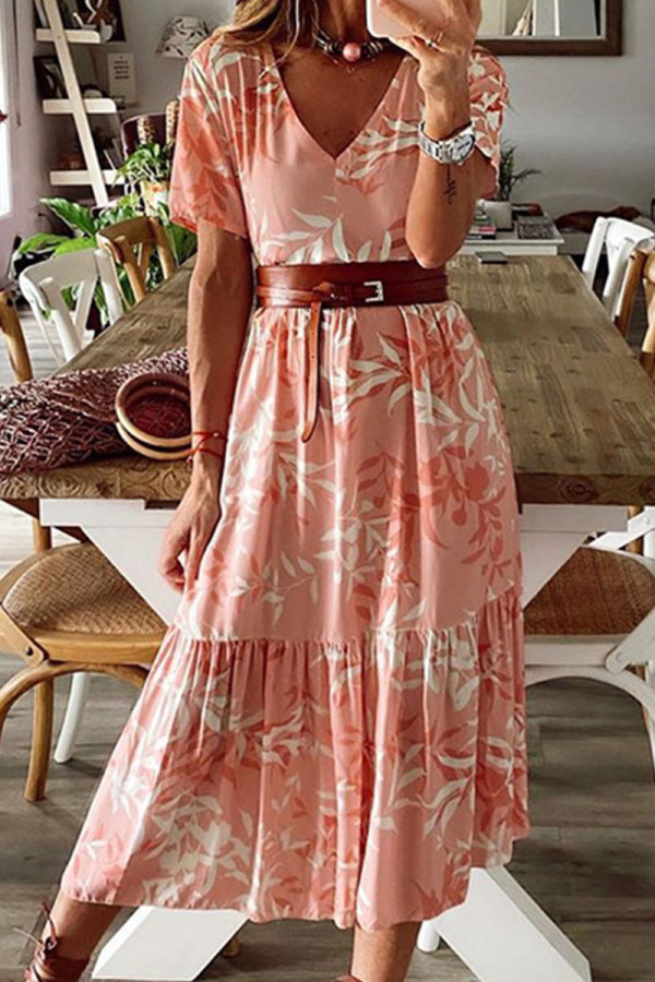 Fashion Street Print Split Joint Without Belt V Neck A Line Dresses