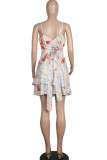 Fashion Sexy Print Backless Flounce V Neck Sling Dresses