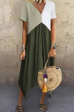 Casual Patchwork Fold Contrast V Neck Irregular Dress Dresses