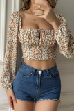 Street Vintage Floral Frenulum Fold Square Collar Tops