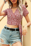 Elegant Floral Split Joint Strap Design V Neck Tops