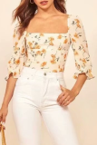 Elegant Floral Split Joint Square Collar T-Shirts