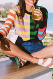 Casual Plaid Split Joint O Neck Tops Sweater