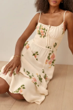Fashion Elegant Floral Split Joint Frenulum Spaghetti Strap Waist Skirt Dresses