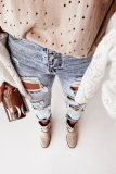 Street Solid Ripped Hollowed Out Regular Denim Jeans