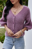 Casual Solid Buckle V Neck Tops Sweater