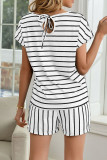 Fashion Casual Striped Split Joint O Neck Short Sleeve Two Pieces