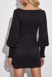 Vintage Solid Buckle Square Collar Pencil Skirt Dresses