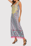 Bohemian Print Tassel Split Joint V Neck A Line Dresses