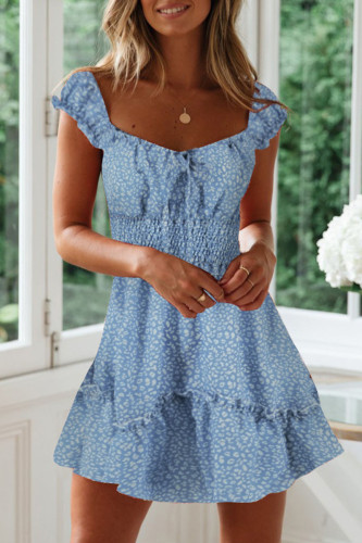 Fashion Street Print Split Joint Flounce Square Collar Printed Dresses