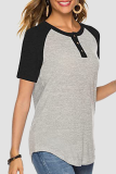 Casual Patchwork Buckle Contrast O Neck T-Shirts