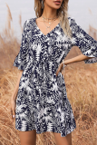 Sweet Print Bandage Buttons V Neck A Line Dresses
