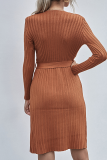 Elegant Solid Buckle With Belt V Neck Dresses