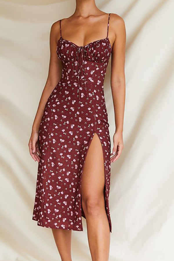 Fashion Street Print Slit Spaghetti Strap Printed Dresses