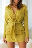 Fashion Street Solid Split Joint Turndown Collar Wrapped Skirt Dresses