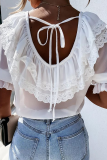 Casual Solid Lace Frenulum V Neck Tops