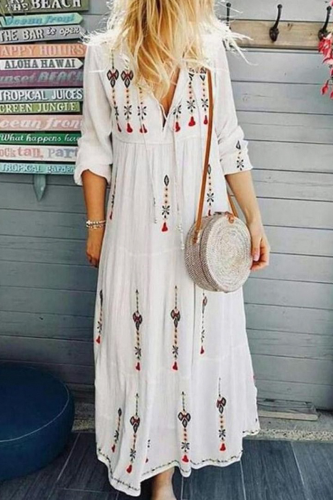 Casual Print Split Joint Frenulum V Neck Cake Skirt Dresses