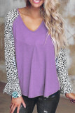 Fashion Casual Leopard Split Joint V Neck T-Shirts