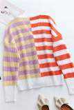 Casual Striped Buckle V Neck Tops Sweater
