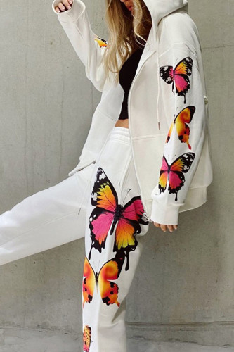 Fashion Casual Butterfly Print Hooded Collar Long Sleeve Two Pieces